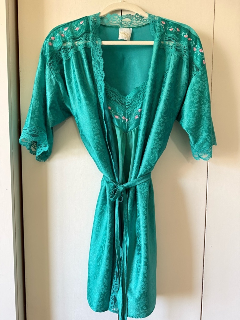 Vintage 70s Stardust Fairycore Emerald Green Teal Chemise Peignoir Set Florets L - Picture 7 of 16